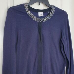 Cabi Cardigan Navy Beaded Neckline Jeweled Collar Knit Sweater 3304 Medium